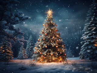Incredible Realistic background with beautiful decorated christmas tree and snow banks