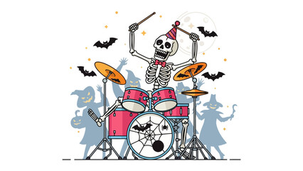Halloween Drummer's Delight: An animated skeleton drummer bangs out a spooky beat, surrounded by playful Halloween elements. 