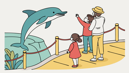 Obraz premium Family watching a dolphin perform marine park illustration aquatic animal show children and parents vector graphic.