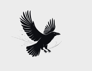 Raven flying silhouette hand drawn sketch illustration