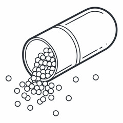 Open capsule spilling out small round pellets onto a white background simple line art illustration