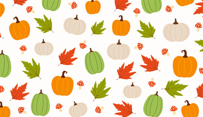 Autumn seamless pattern with fall leaves and plants, pumpkins, mushrooms. Seasonal colors. Perfect for wallpaper, gift paper, textile, greeting cards.
