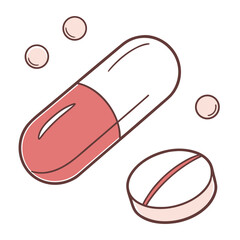 Simple cartoon illustration of a red and white capsule and a round pill with small dots on a white background