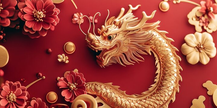 Gold foil dragon and flower design on red background. Traditional Chinese cultural symbol, good luck charm or gift wrap.