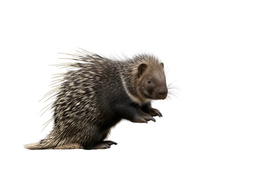 A small porcupine, detailed view, features its spiny coat against a plain black backdrop.