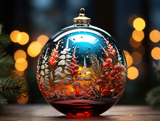 Eyecatching Happy merry christmas card with balls hanging and leafs in white background illustration