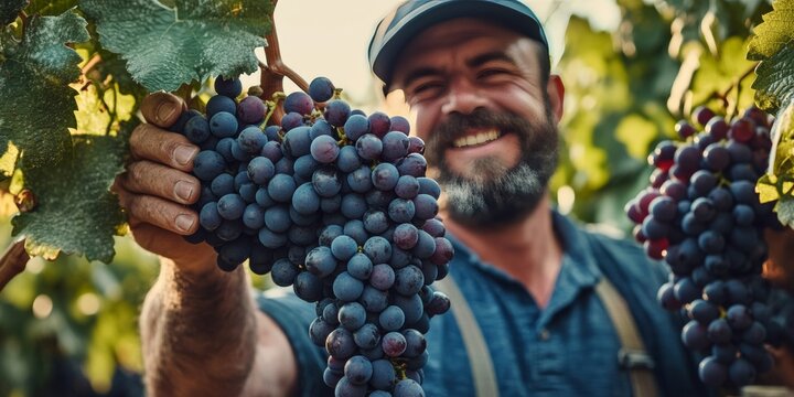 Man wearing hat, holding bunches of red grapes in vineyard setting