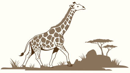 Fototapeta premium Giraffe in savanna landscape stylized illustration wildlife art animal graphic nature design.
