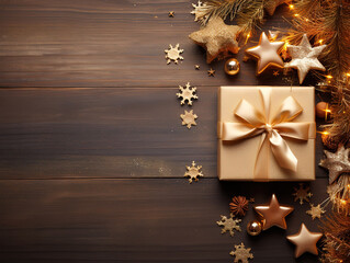 Superb Bottom view xmas gifts in brown paper ribbon xmas tree toy on newspaper on dark