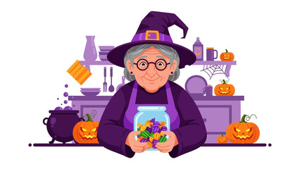 Halloween Witch in Kitchen: A charming, whimsical witch prepares festive treats in her cozy kitchen, radiating warmth with a smiling face and a magical jar of Halloween candy.