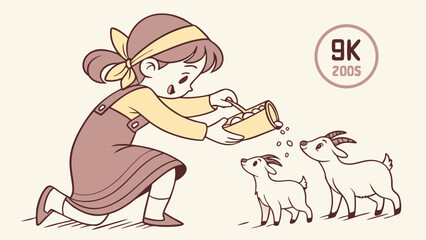 Girl feeding two goats illustration cute cartoon animals childrens book farm animals animal care goat feeding happy girl vector illustration kids illustration adorable goats cartoon sty.