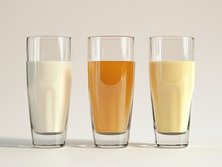 Three clear glasses filled with milk, juice and beer side by side on a table.