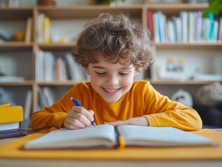 Smiling child with books in background, engaged in writing task, suggesting focus and dedication to learning.