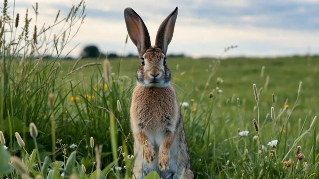 Wild hare standing alert on grassy meadow field in natural landscape background