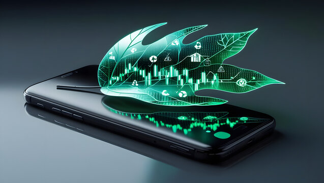 Holographic leaf with eco-icons and financial data over smartphone