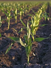 A young corn plant growing in a freshly plowed field. The sun is shining brightly, indicating ideal conditions for growth.