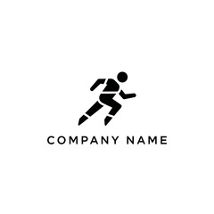 A minimalist black logo of a stylized human figure in a running pose, representing speed and athletics, with placeholder text for a company name below.