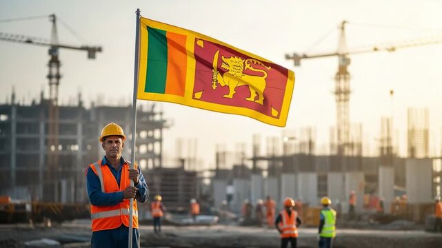 Patriotic Sri Lankan construction worker holding the national flag at a large building site with cranes at sunset.