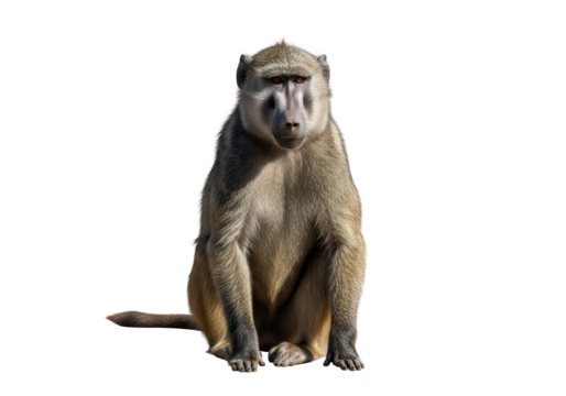 A grayscale baboon, positioned centrally against a black background, exudes a sense of calm and attentiveness.