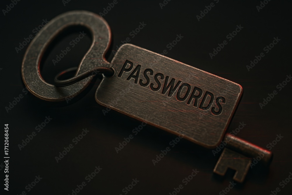 Poster macro shot of a key with passwords tag symbolizing cybersecurity