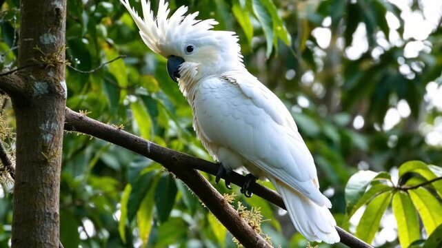 White exotic parrot perched on leafy branch in bright tropical outdoor setting