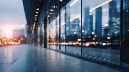 Fototapeta premium Blurred modern commercial building facade with reflective glass surfaces. Sophisticated urban atmosphere, corporate business excellence and success concept. Business office building background.