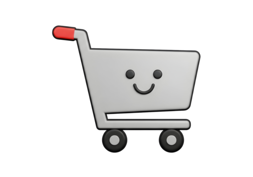 Happy shopping cart mascot with smiley face enjoying e-commerce and online purchases isolated on transparent background