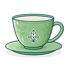 Green teacup and saucer with leaf design isolated on black background