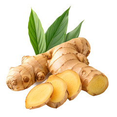Fresh ginger root with slices and green leaves on black background