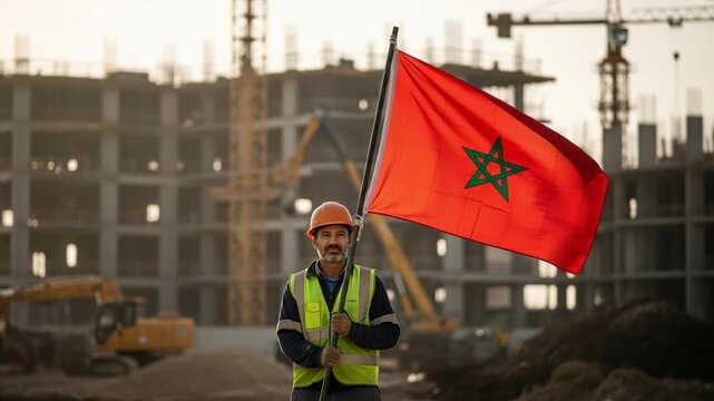 A proud Moroccan construction worker holding the national flag. A smiling middle-aged man in a hard hat and safety vest at a building site. National pride and labor concept.