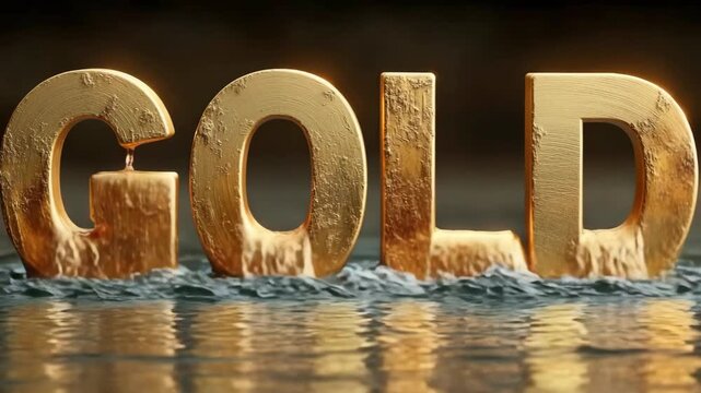 Shiny golden GOLD text partially melting into water, realistic style, with dark gradient background, symbolizing luxury and transformation