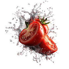 Fresh sliced tomato with juicy pulp splash isolated on white background