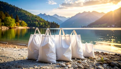 White reusable shopping bags on a beach