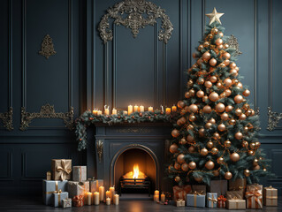 Luxurious Stone fireplace decorated for Christmas