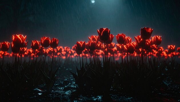 A mystical nocturnal scene unfolds with a vibrant field of intensely glowing red tulips under a soft, ethereal light, creating an otherworldly and enchanting floral display