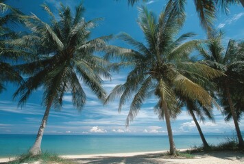 Fototapeta premium Photograph of multiple palm trees on a beach with a clear blue sky and sea background