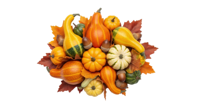 Isolated group of autumn gourds and oak acorns with brown and golden fall leaves display - Powered by Adobe