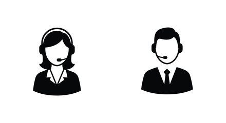 Simple black and white icons depicting a woman and man with headsets