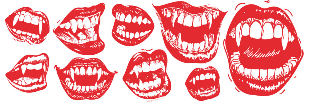 Halloween vampire fangs mouth design elements set in vintage horror sketch illustration style