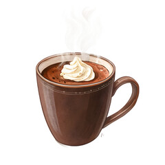 Steaming hot chocolate with whipped cream in a brown mug
