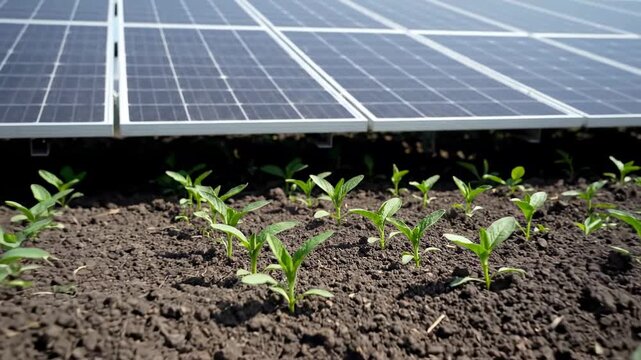 Agrivoltaics: Solar Panels & Growing Plants - Close-up view of young, green plants sprouting from the ground beneath a row of solar panels.