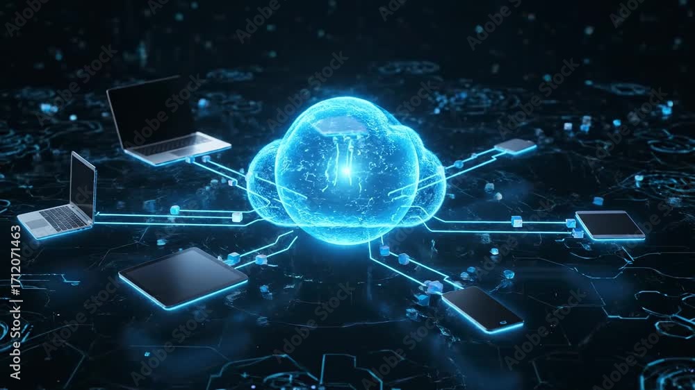 Poster cloud computing network - a network of laptops, tablets, and smartphones are connected to a glowing 