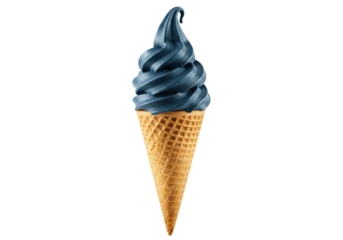 Isolated spiraled blue soft serve ice cream in a crispy waffle cone ready to eat summer treat