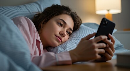 Woman in pink pajamas lies in bed looking at a smartphone A lamp and book are on the nightstand