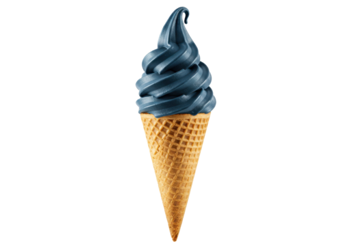 Isolated spiraled blue soft serve ice cream in a crispy waffle cone ready to eat summer treat