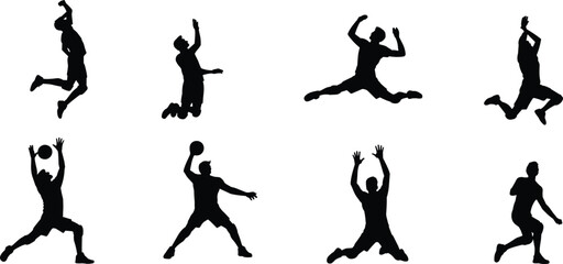 Volleyball player silhouettes jumping, serving, spiking, and blocking, dynamic athletic poses, team sport action, energy and movement vector.