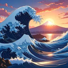 A vibrant digital illustration of a large wave crashing at sunrise