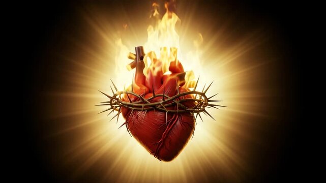 Sacred Heart of Jesus with crown of thorns and bright flames, Catholic religious icon, symbol of love, faith, sacrifice, devotion, Christian spirituality, glowing background