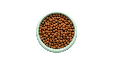 Isolated bowl of dry dog food, brown kibble nutrition pellet, pet health diet and wellness concept