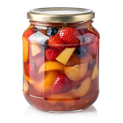 Glass jar filled with fresh mixed fruit salad and syrup